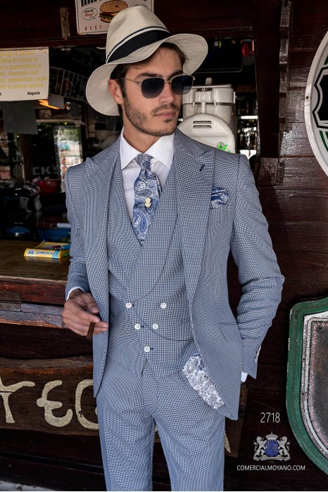 Blue houndstooth tailored fit italian men wedding suit