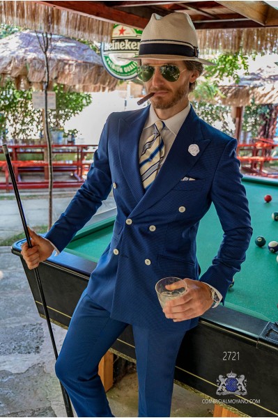 Royal blue houndstooth tailored fit italian men wedding suit