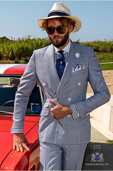 Blue houndstooth tailored fit men wedding double breasted suit