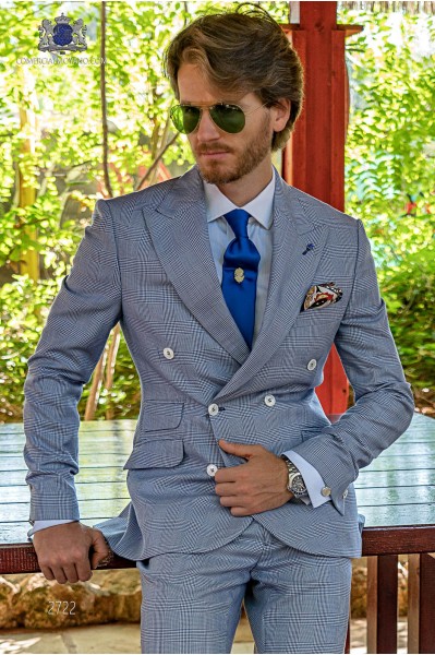 Blue prince of Wales check tailored fit men wedding double breasted suit