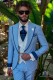 Light blue tailored fit italian men wedding suit with contrast profile on lapels