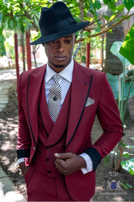 Garnet tailored fit italian men wedding suit with contrast profile on lapels