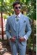 Light blue tailored fit italian men wedding suit with contrast profile on lapels and cuffs