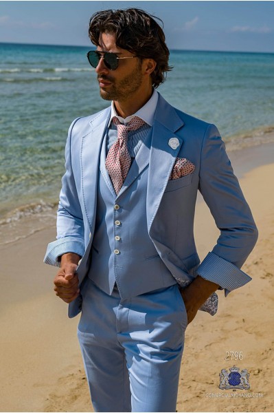Light blue satin cotton tailored fit italian men wedding suit