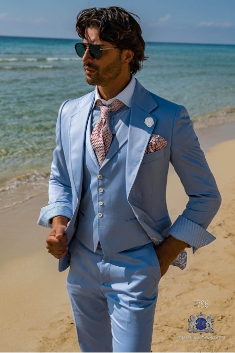 Costume de mariage coton satin bleu clair italien à la coupe ajustée