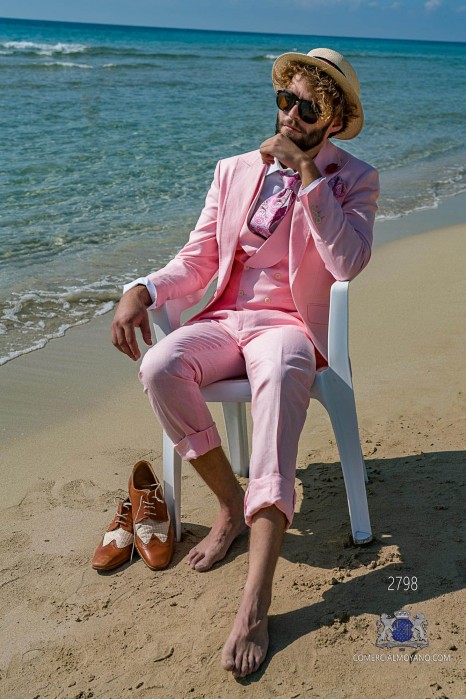 Pink pure linen tailored fit italian men wedding suit
