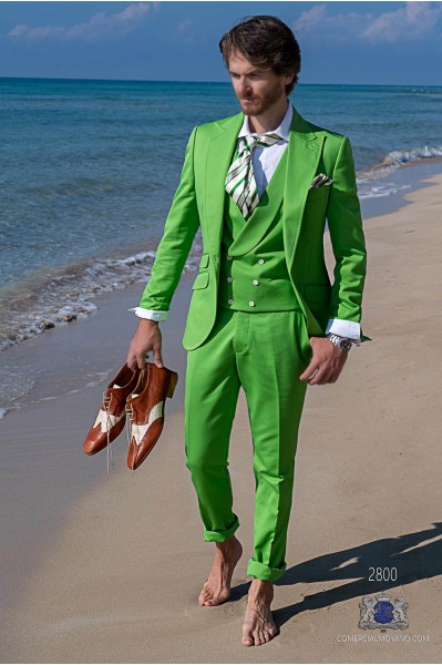 Green cotton pique tailored fit italian men wedding suit