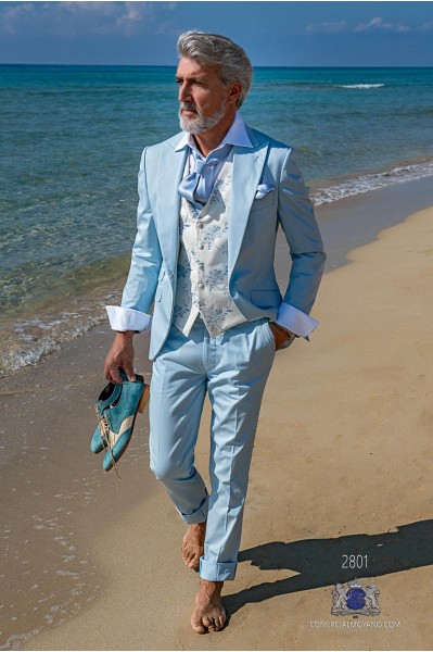 Costume de mariage coton bleu clair italien à la coupe ajustée