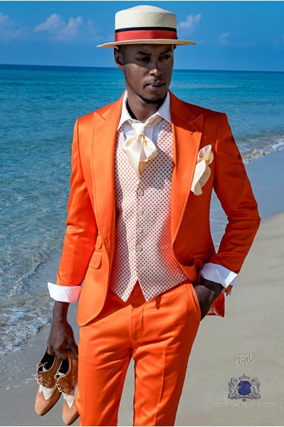 Orange satin cotton tailored fit men wedding suit