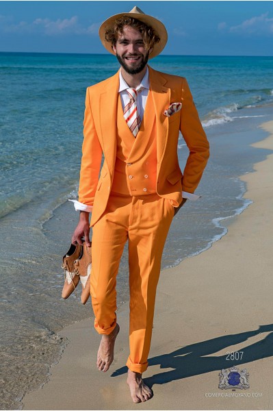 Orange Baumwoll-Pique italienischer Hochzeitsanzug zugeschnitten fit