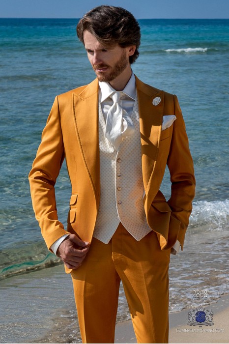 Golden satin cotton tailored fit italian men wedding suit