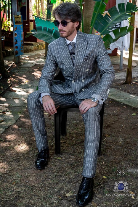 Grey pinstripe pure linen tailored fit italian men wedding double breasted suit