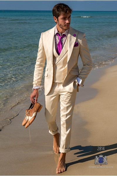 Beige satin cotton tailored fit italian men wedding suit