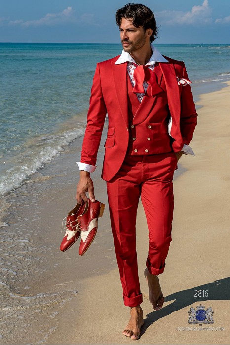 Red satin cotton tailored fit italian men wedding suit