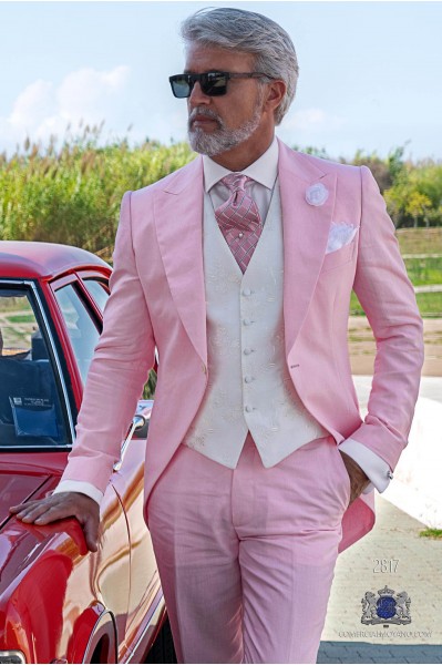 Pink pure linen tailored fit wedding morning suit