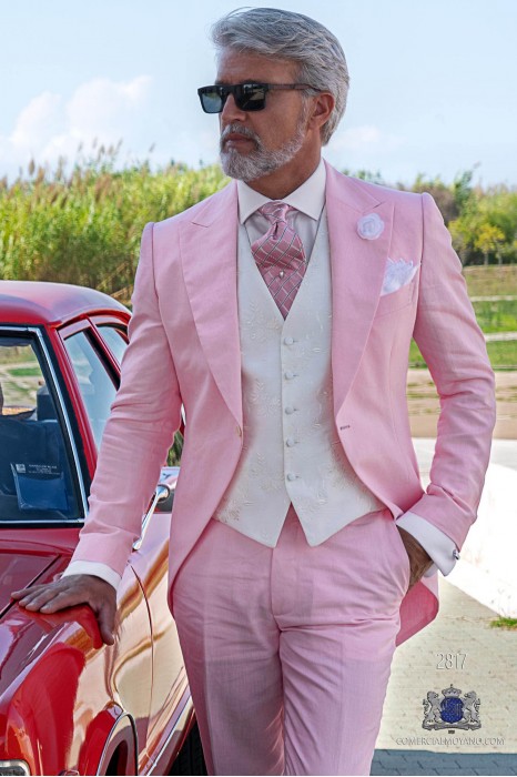 Chaqué de novio rosa en puro lino corte italiano moderno slimfit