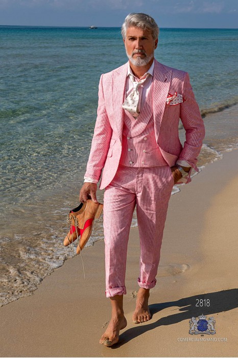 Red pinstripe pure linen tailored fit italian men wedding suit