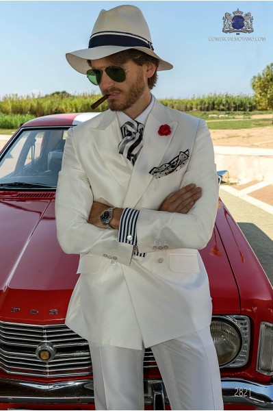 White shantung silk tailored fit italian men wedding double breasted suit
