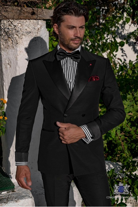 Black tailored fit italian double breasted tuxedo with peak lapels