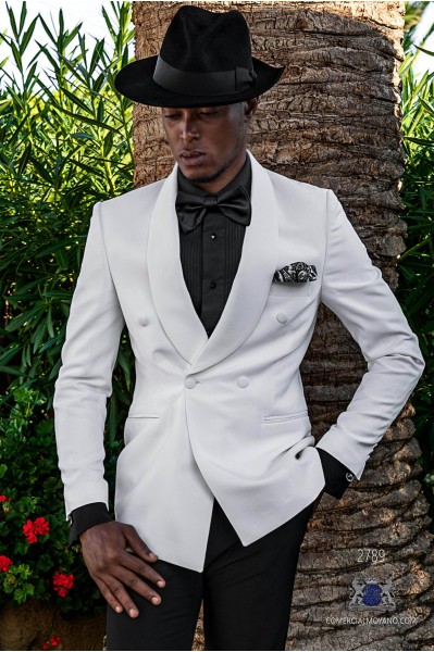 White tailored fit double breasted tuxedo with shawl collar