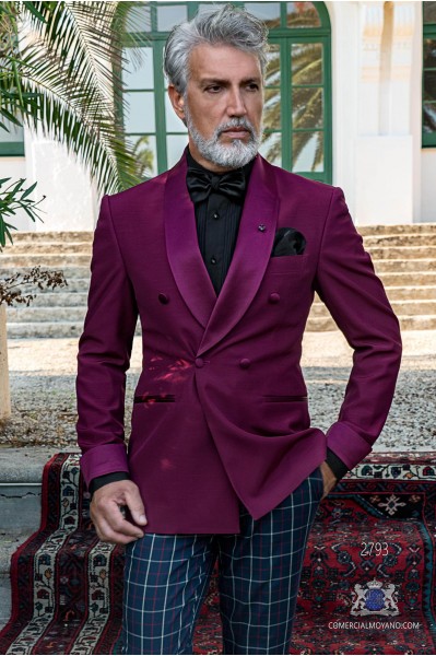 Purple tailored fit double breasted tuxedo with shawl collar