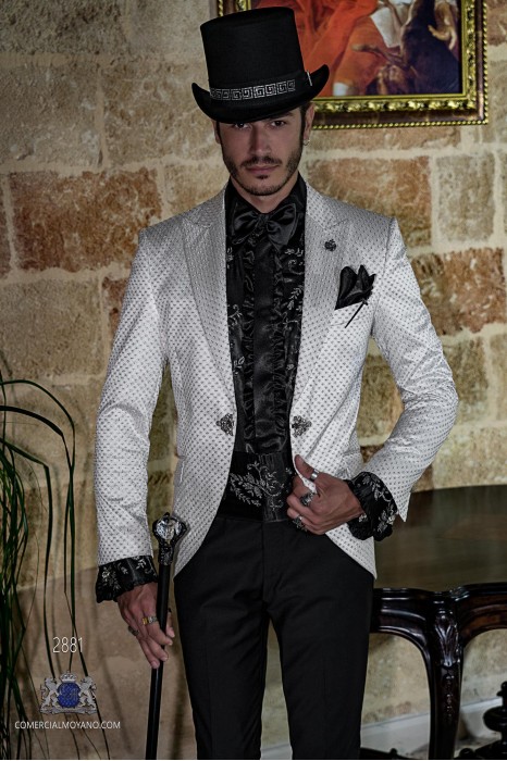 White gothic frock coat embroidered silver on satin fabric Italian cut slim fit