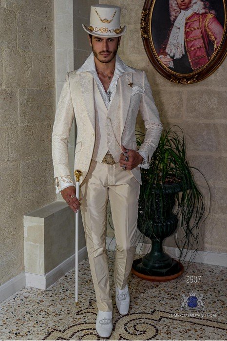 Ivory gothic suit shantung silk jacquard fabric Italian cut slim fit