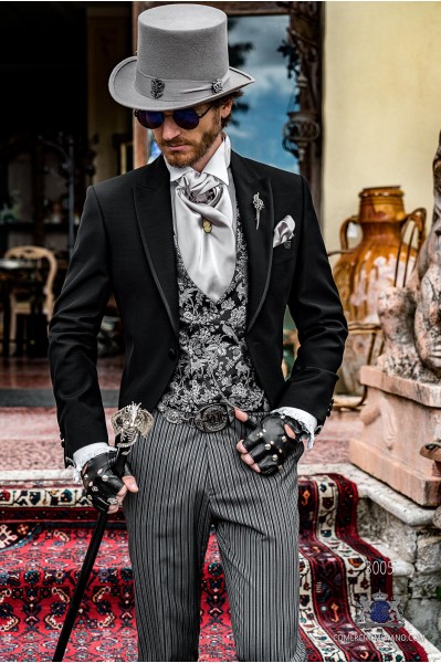 Black gothic tailored slim fit italian morning suit satin profile on lapels