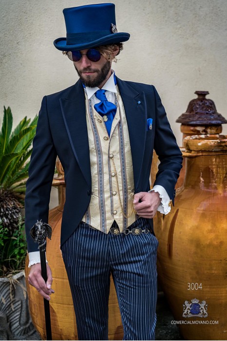Blue gothic tailored slim fit italian morning suit satin profile on lapels