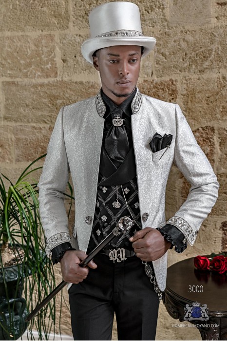 Gothic white jacquard suit mao collar with rhinestones