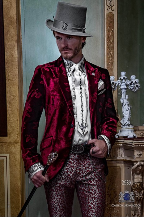 Red velvet gothic suit with florel designs Italian cut slim fit
