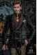 Black steampunk double breasted tuxedo in wrinkled effect velvet with fitted Italian cut