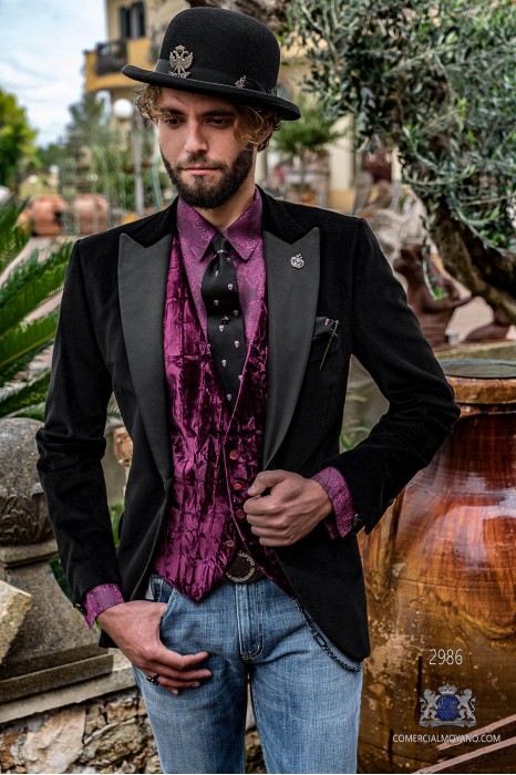 Black velvet tailored fit italian Steampunk tuxedo with satin peak lapels