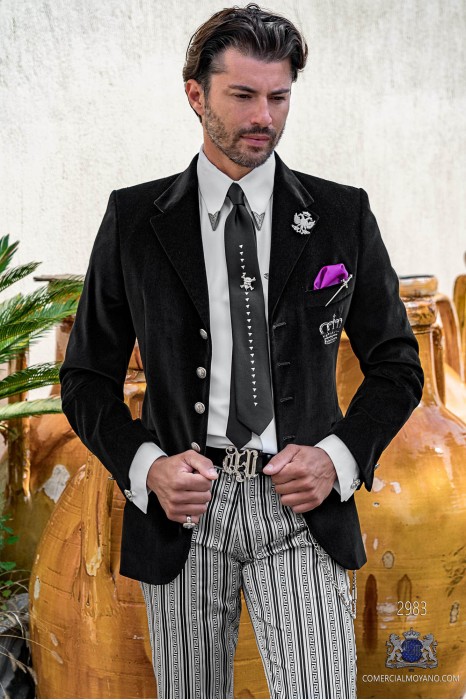 Black velvet tailored fit italian Steampunk wedding suit with crown embroidery on chest