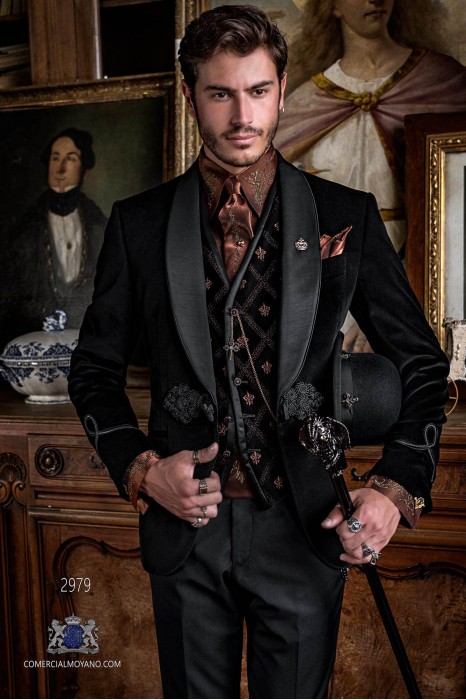 Black velvet Aristocratic steampunk tuxedo with fitted Italian cut