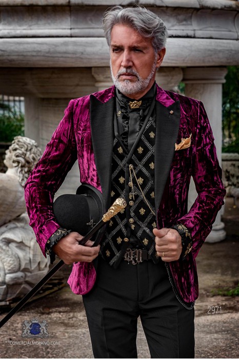 Garnet wrinkled velvet steampunk tuxedo with black peak lapels fitted Italian cut