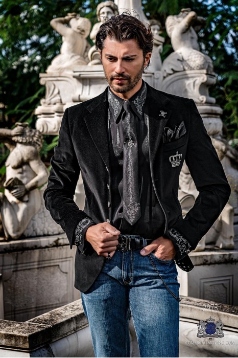 Black velvet tailored fit italian Steampunk fashion blazer with crown embroidery on chest