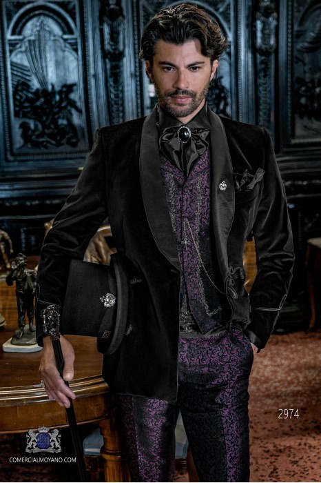 Black velvet Aristocratic steampunk double breasted tuxedo with fitted Italian cut