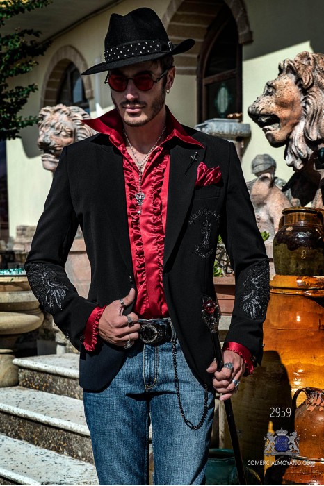 Black velvet tailored fit italian Steampunk fashion blazer with Eagle embroidery in rhinestones