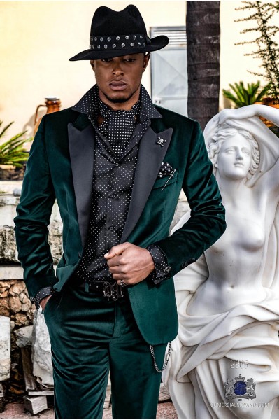 Green velvet tailored fit italian Steampunk tuxedo with satin peak lapels