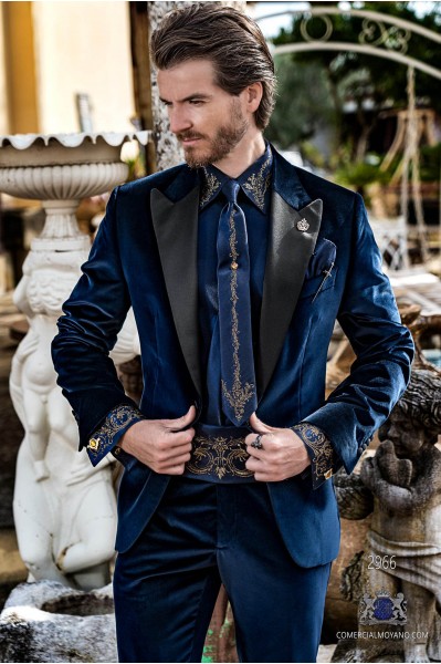 Blue velvet tailored fit italian Steampunk tuxedo with satin peak lapels
