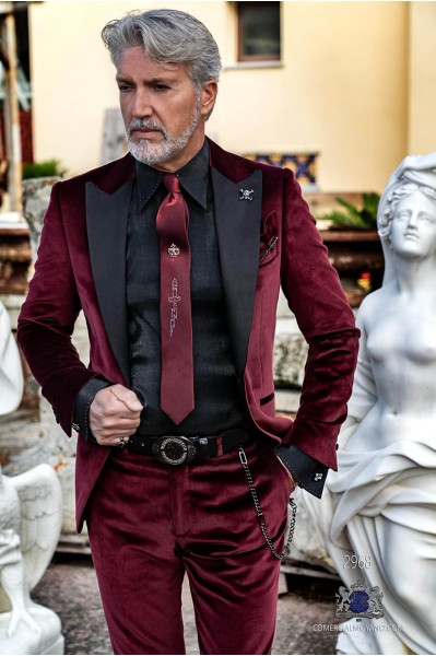 Garnet velvet tailored fit italian Steampunk tuxedo with satin peak lapels