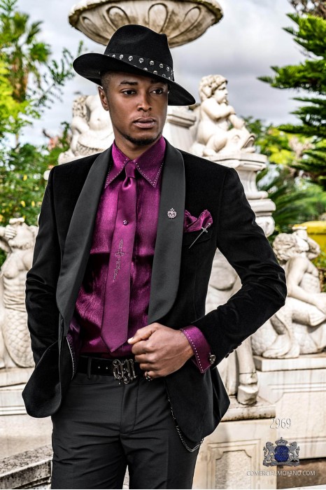 Black velvet tailored fit italian Steampunk tuxedo with satin shawl collar