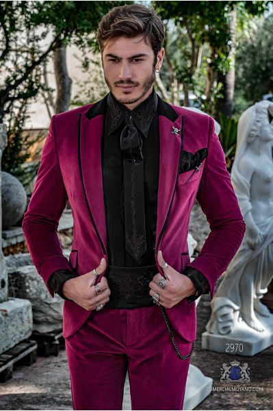 Magenta velvet tailored fit italian Steampunk tuxedo with black satin profile on lapels