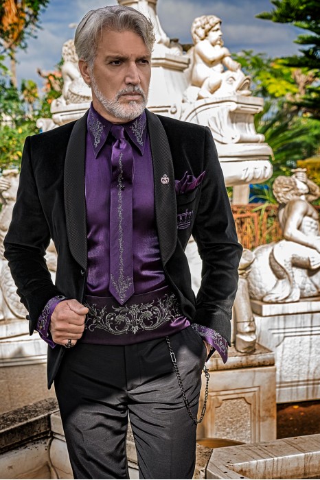 Black velvet tailored fit italian Steampunk tuxedo with crown embroidery on chest