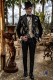 Black velvet tailored fit italian Steampunk fashion tuxedo with floral embroidery