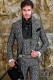 Gothic era wedding frock coat black and silver brocade with strass on peak lapels