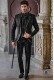 Black brocade Gothic era wedding frock coat with silver floral embroidery on lapels