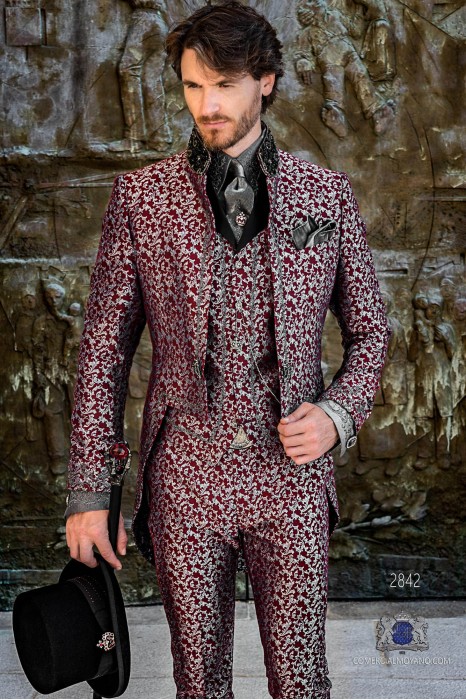 Garnet silver floral brocade Gothic era Tailcoat with silver embroidery and mao collar with black rhinestones