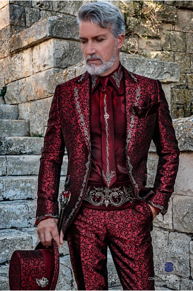 Red brocade Gothic era Frock coat with silver floral embroidery
